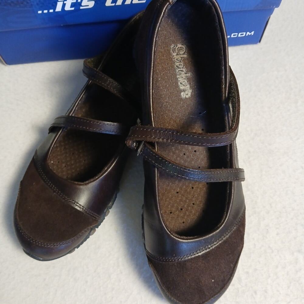 Shape Up Skechers Shoes Sz 9 Mary Jane Slip On Sandals Strap Brown Leather New